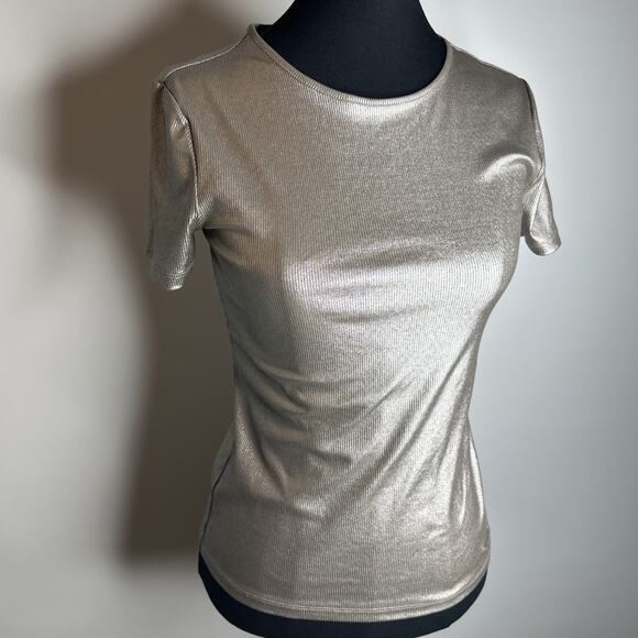 Nine West Metallic Ribbed Stretch T-Shirt XS Silver Brown Cybercore Y2K Top - Picture 3 of 10